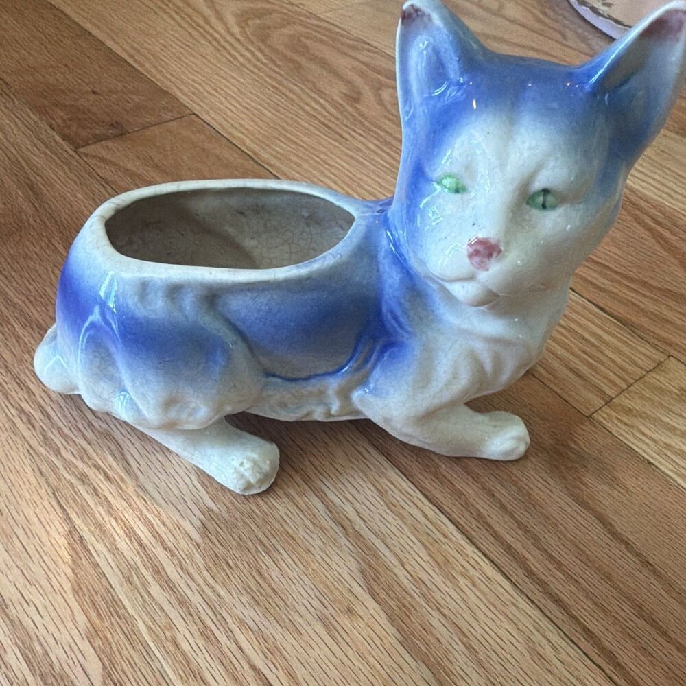 Unmarked Blue & White Cat Ceramic Planter Glossy Pottery Green Eyes
